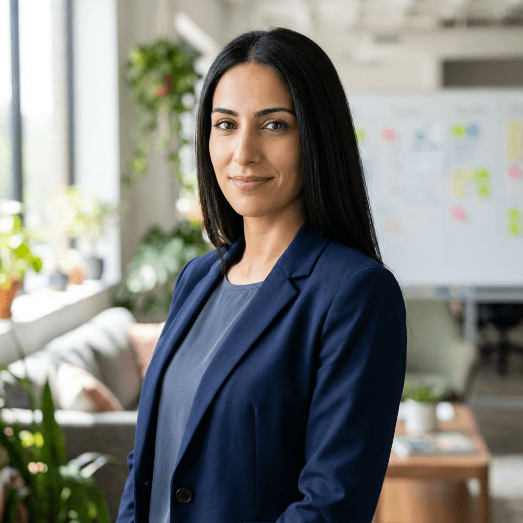 Professional headshot of a female market entry director in her mid 30s, Asian, professional demeanor, business suit, office background