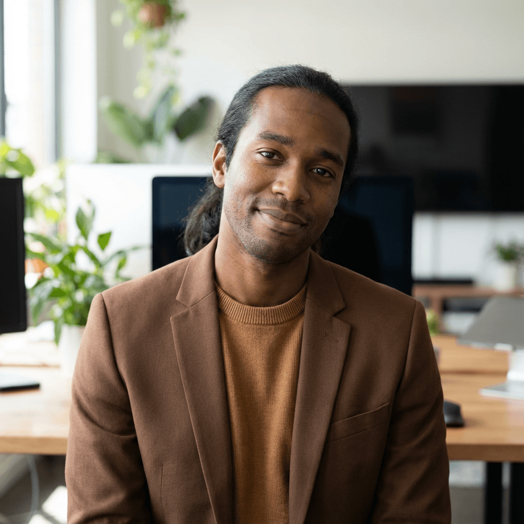 David Okonkwo in a casual blazer in a modern workspace
