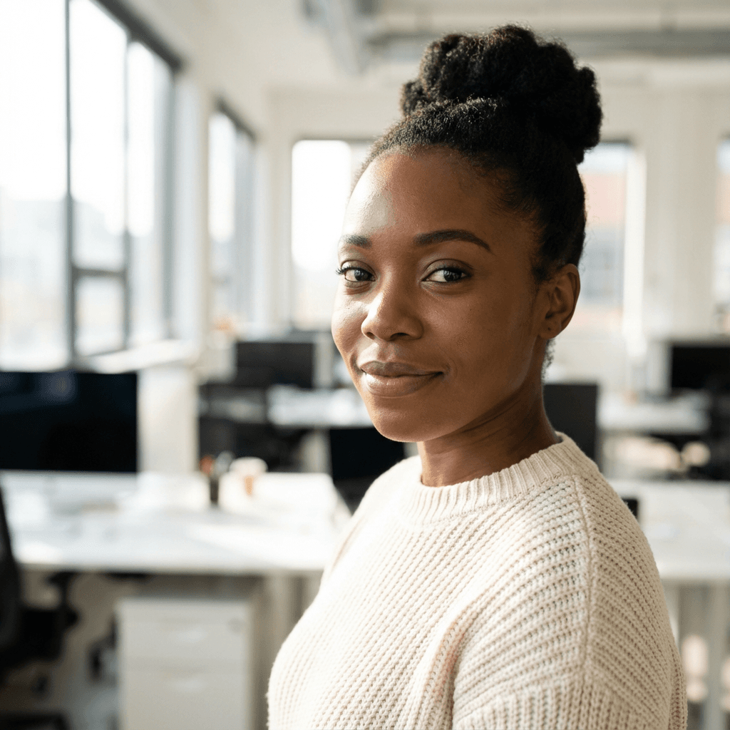Sarah Mitchell in business attire in a modern office