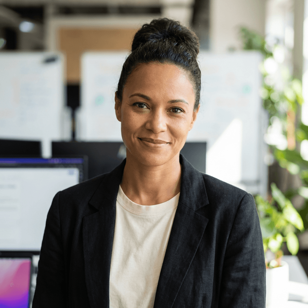 Emily Rodriguez in a blazer in a corporate environment
