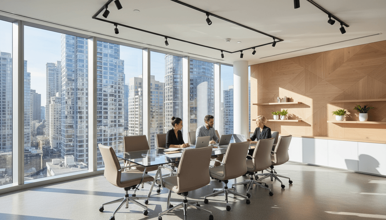 Business professionals in a strategy meeting overlooking an African city skyline