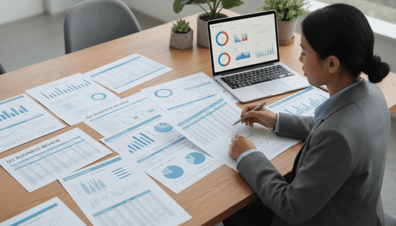 Two consultants reviewing market data charts on a laptop