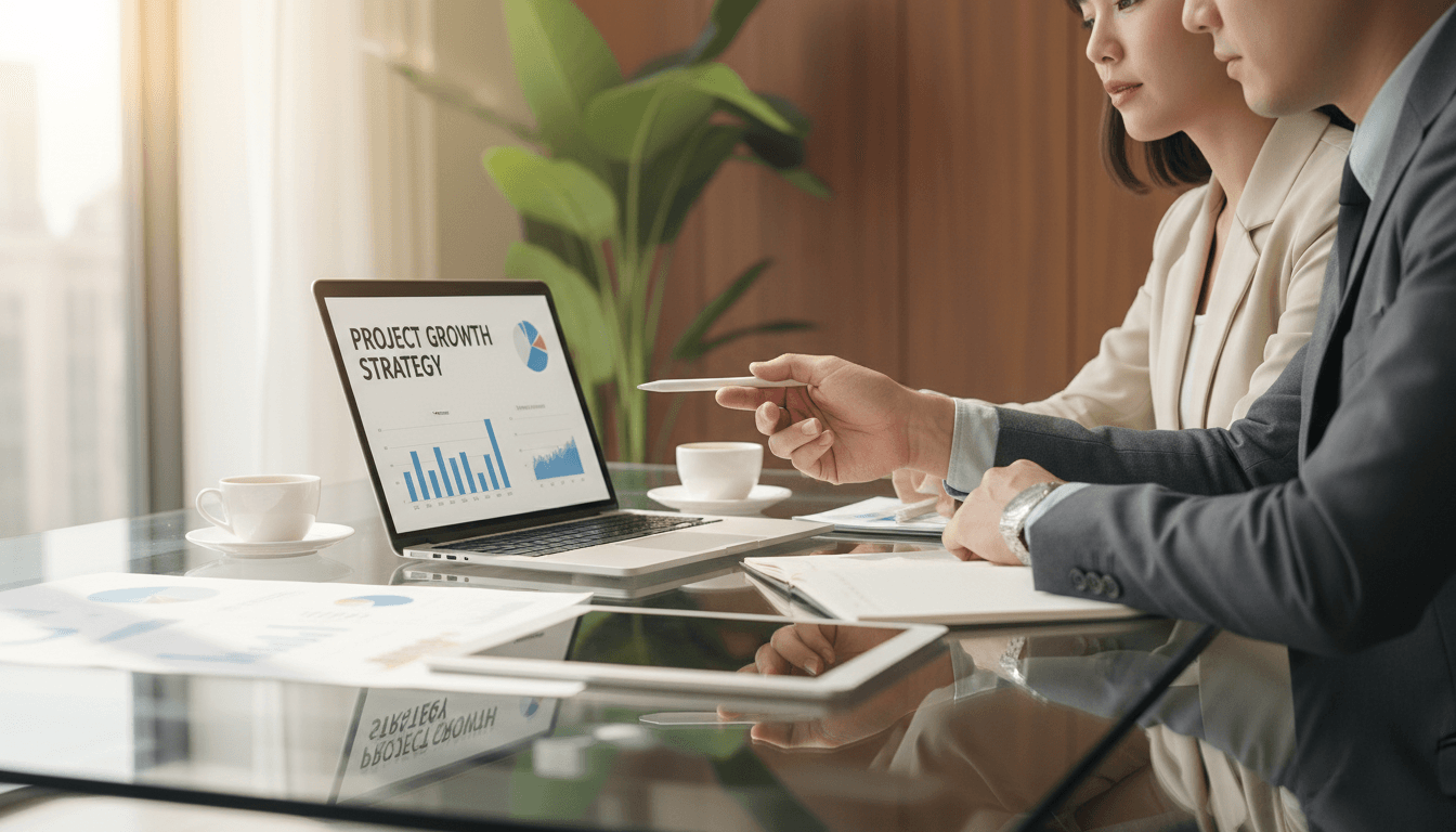 Professionals in a modern meeting room discussing market strategy over documents