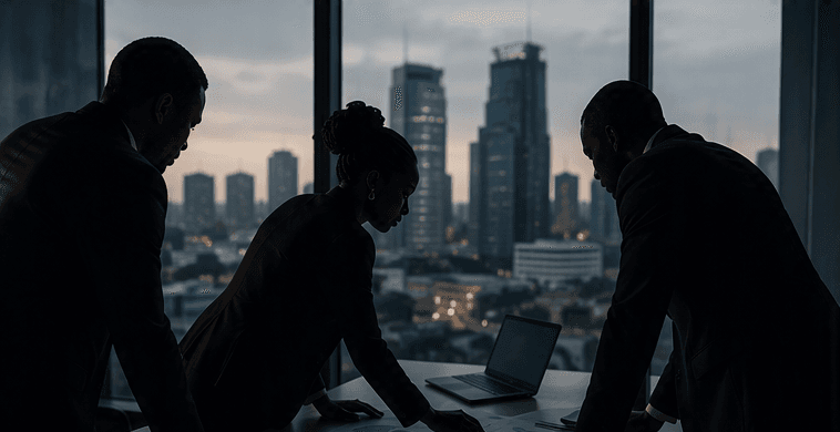 Three silhouetted business professionals collaborating in a high-rise office overlooking a twilight city skyline.