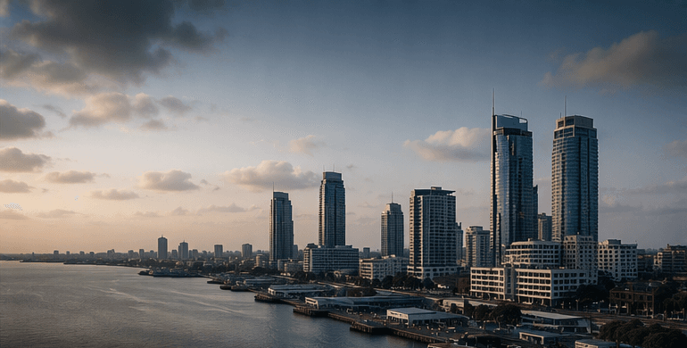 Modern city skyscrapers along a harbor waterfront under a soft, cloudy sunset sky.