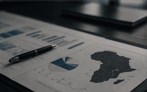 Black pen resting on business documents featuring charts and a map of Africa.