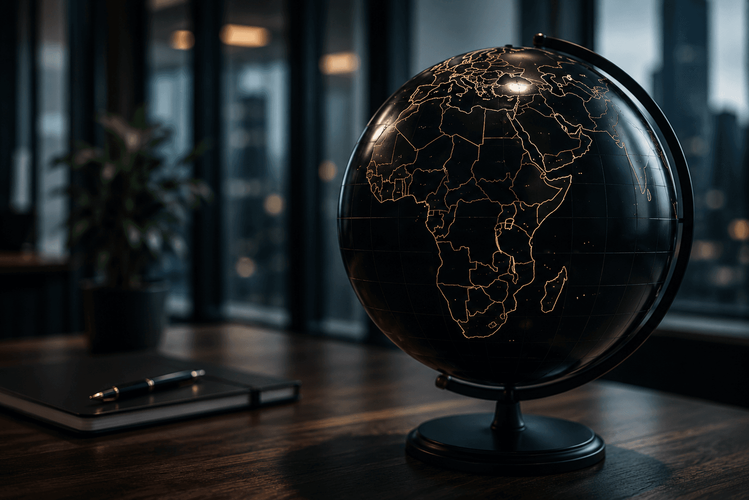 Elegant black globe with illuminated gold borders on a wooden desk in a modern office.
